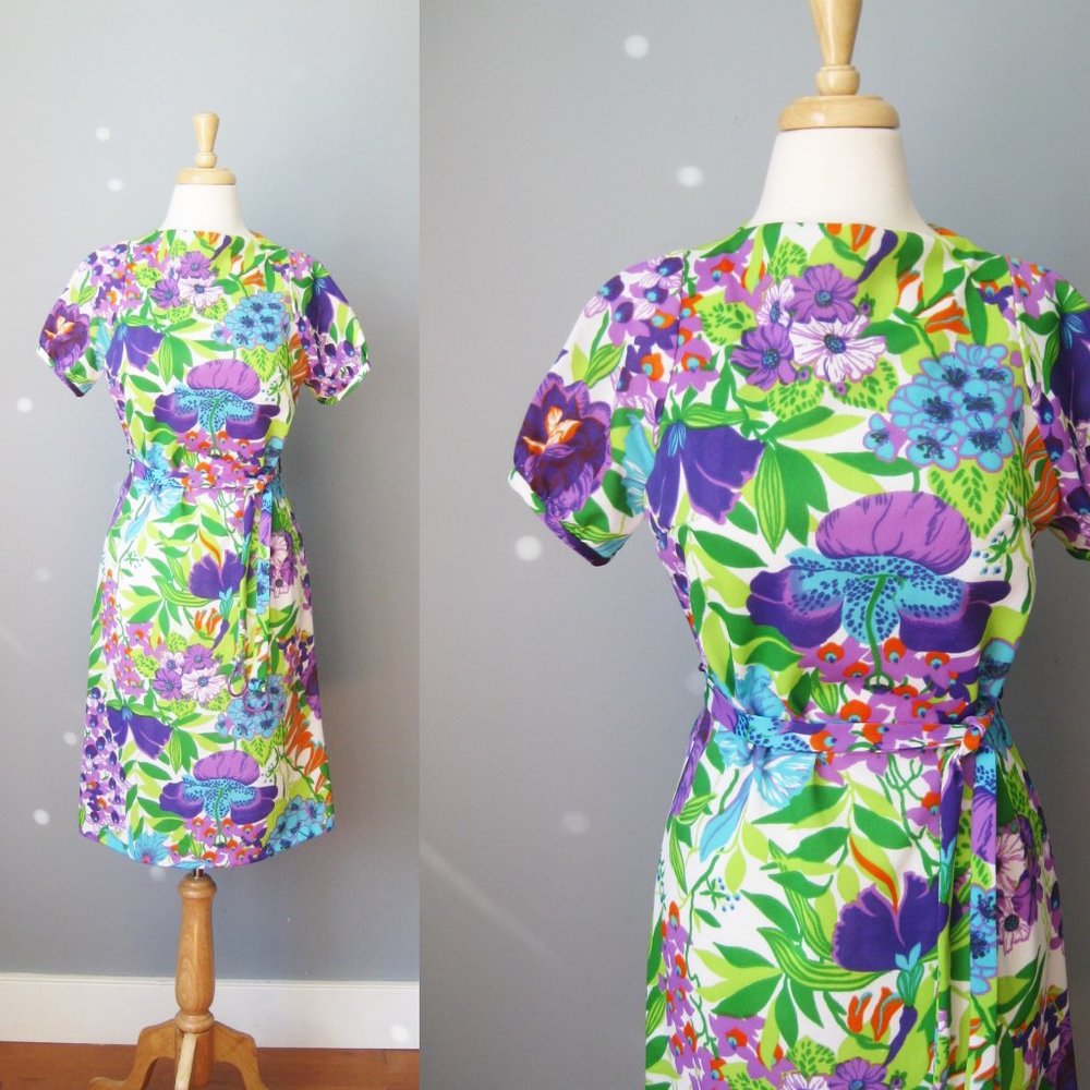 Vintage 1960s Dress Tropical Print w Belt